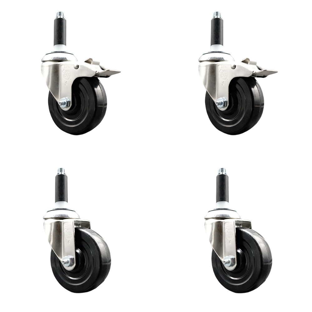 Soft Rubber Swivel Stem Caster Set of 4 with 4 Inch Caster Wheels - 7/8" Expanding Stem - 316 Stainless Steel Casters - Includes 2 Swivel with Total Lock Brakes and 2 Swivel - Service Caster Brand — photo 1
