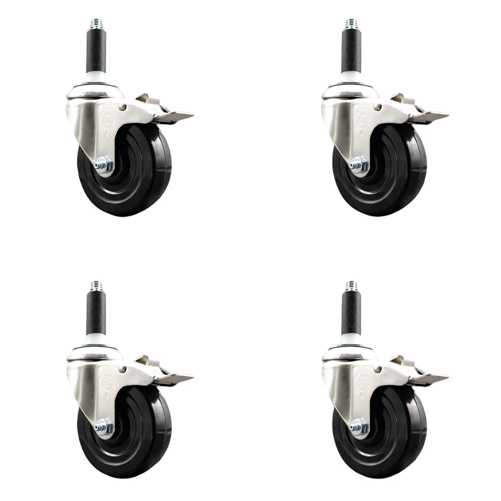Soft Rubber Swivel Stem Caster Set of 4 with 4 Inch Caster Wheels - 3/4" Expanding Stems - 316 Stainless Steel Casters - Includes 4 Swivel Casters with Total Lock Brakes - Service Caster Brand — photo 1