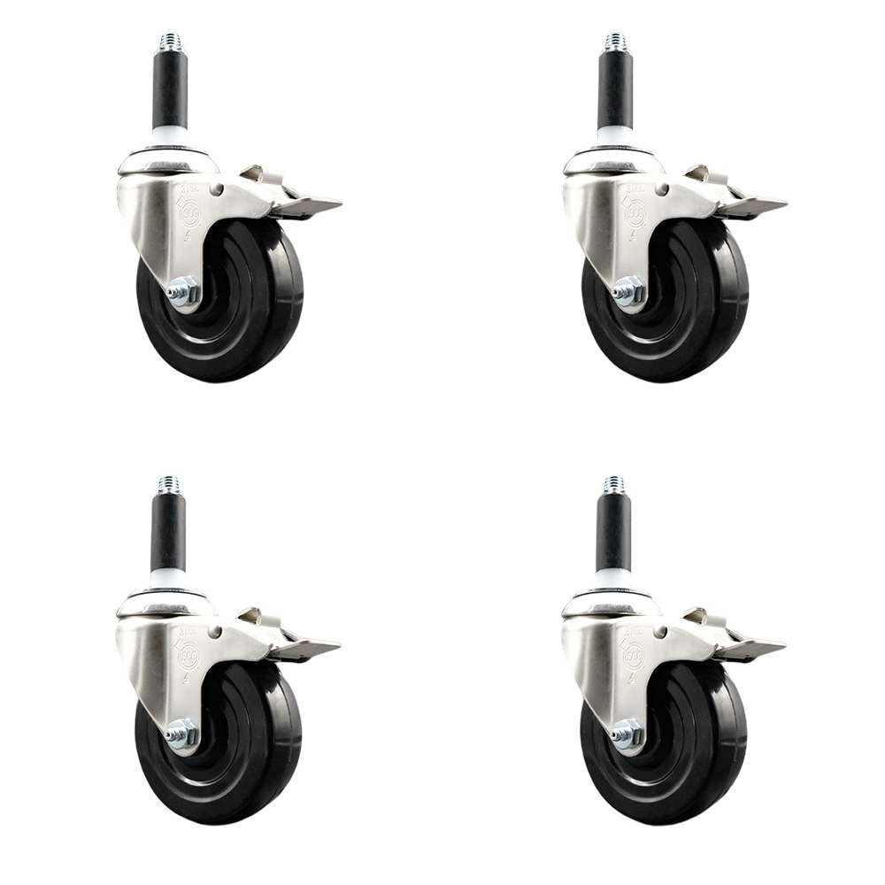 Soft Rubber Swivel Stem Caster Set of 4 with 4 Inch Caster Wheels - 7/8" Expanding Stems - 316 Stainless Steel Casters - Includes 4 Swivel Casters with Total Lock Brakes - Service Caster Brand — photo 1