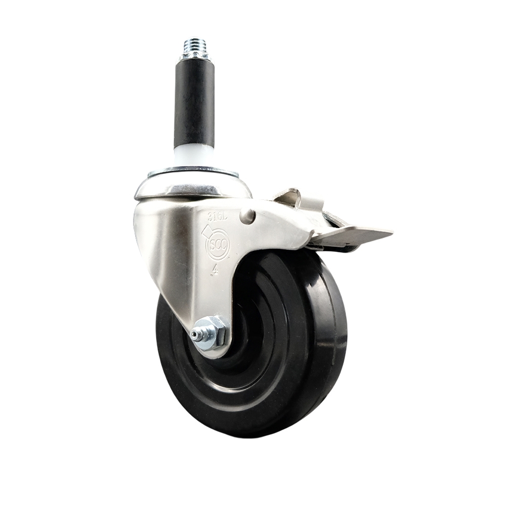 Hard Rubber Swivel Stem Caster with 4 Inch Black Caster Wheel and Total Lock Brake - 7/8" Expanding Stem - 316 Stainless Steel Caster - 300 lbs. Capacity Per Caster - Service Caster Brand — photo 1
