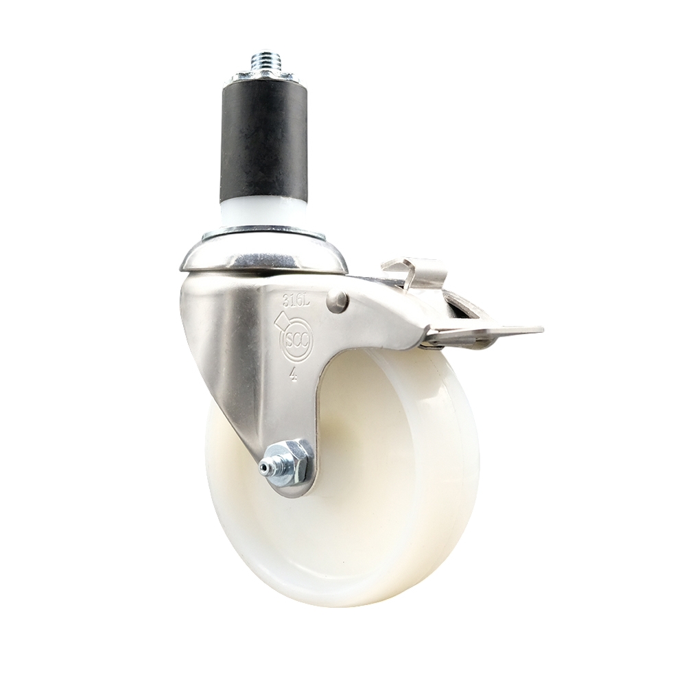 Nylon Swivel Stem Caster with 4 Inch White Caster Wheel and Total Lock Brake - 1-1/2" Expanding Stem - 316 Stainless Steel Caster - 300 lbs. Capacity Per Caster - Service Caster Brand — photo 1