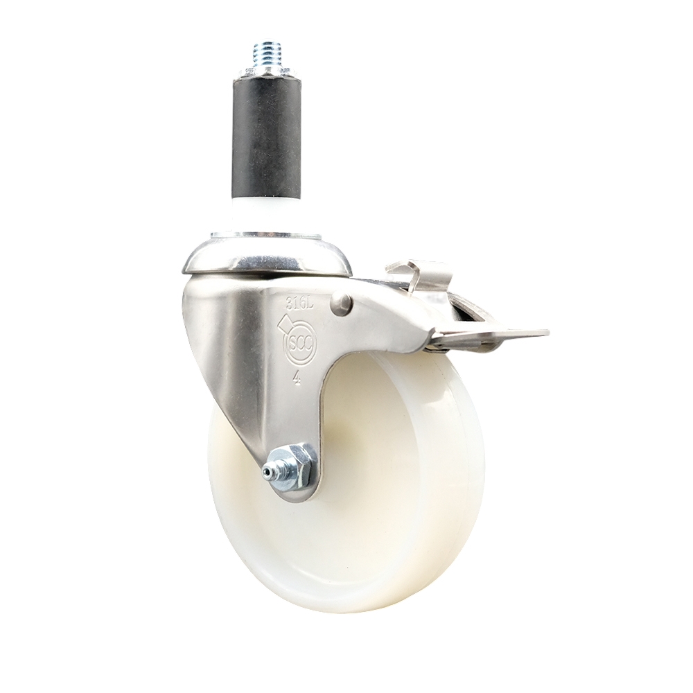 Nylon Swivel Stem Caster with 4 Inch White Caster Wheel and Total Lock Brake - 1-1/4" Expanding Stem - 316 Stainless Steel Caster - 300 lbs. Capacity Per Caster - Service Caster Brand — photo 1