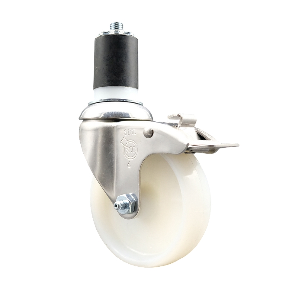 Nylon Swivel Stem Caster with 4 Inch White Caster Wheel and Total Lock Brake - 1-3/4" Expanding Stem - 316 Stainless Steel Caster - 300 lbs. Capacity Per Caster - Service Caster Brand — photo 1