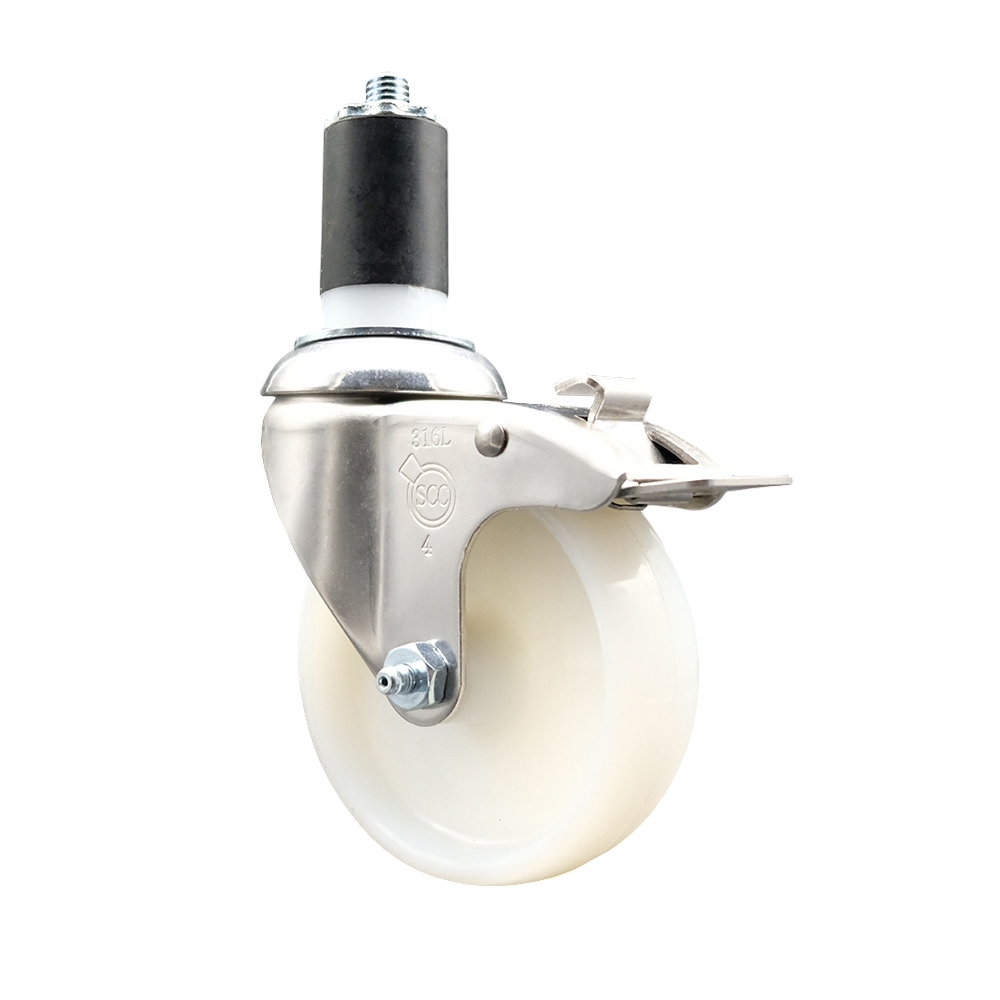 Nylon Swivel Stem Caster with 4 Inch White Caster Wheel and Total Lock Brake - 1-5/8" Expanding Stem - 316 Stainless Steel Caster - 300 lbs. Capacity Per Caster - Service Caster Brand — photo 1