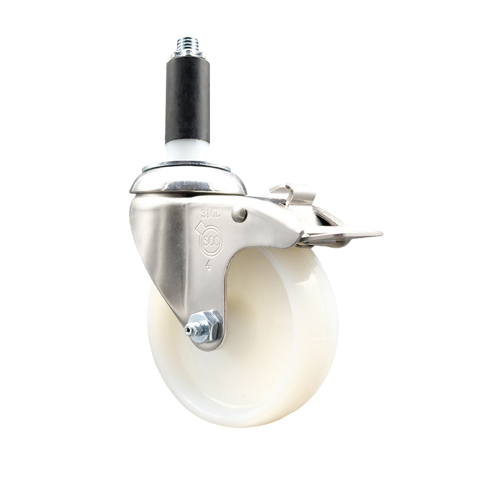 Nylon Swivel Stem Caster with 4 Inch White Caster Wheel and Total Lock Brake - 1" Expanding Stem - 316 Stainless Steel Caster - 300 lbs. Capacity Per Caster - Service Caster Brand — photo 1