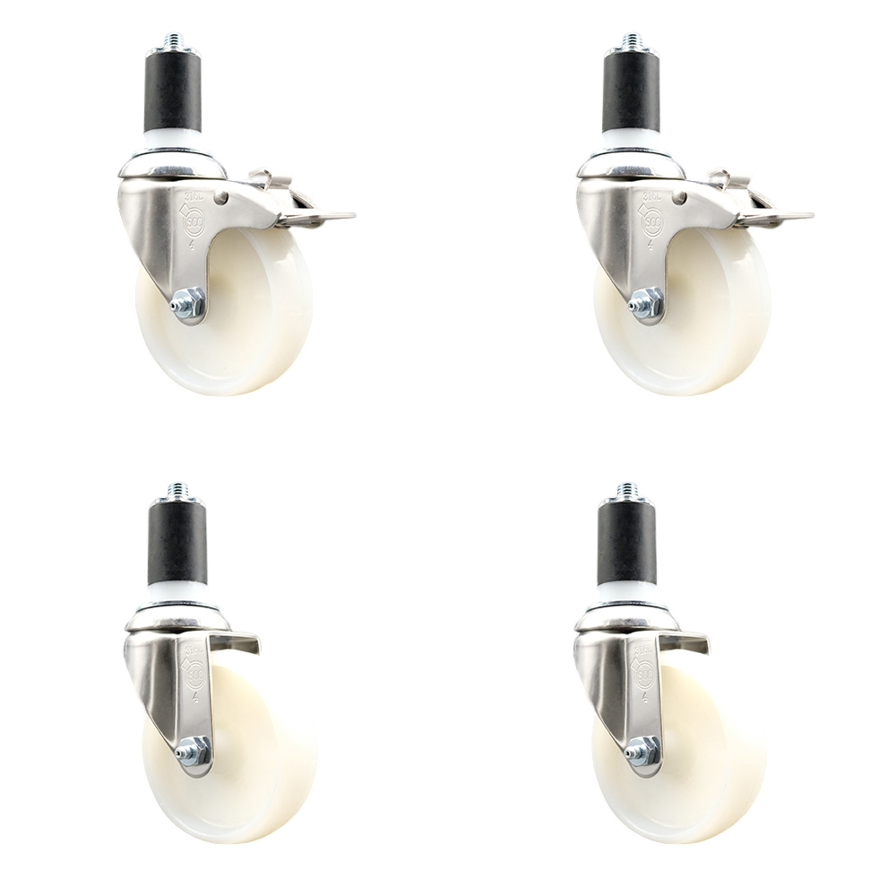 Nylon Swivel Stem Caster Set of 4 with 4 Inch Caster Wheels - 1-1/2" Expanding Stem - 316 Stainless Steel Casters - Includes 2 Swivel with Total Lock Brakes and 2 Swivel - Service Caster Brand — photo 1