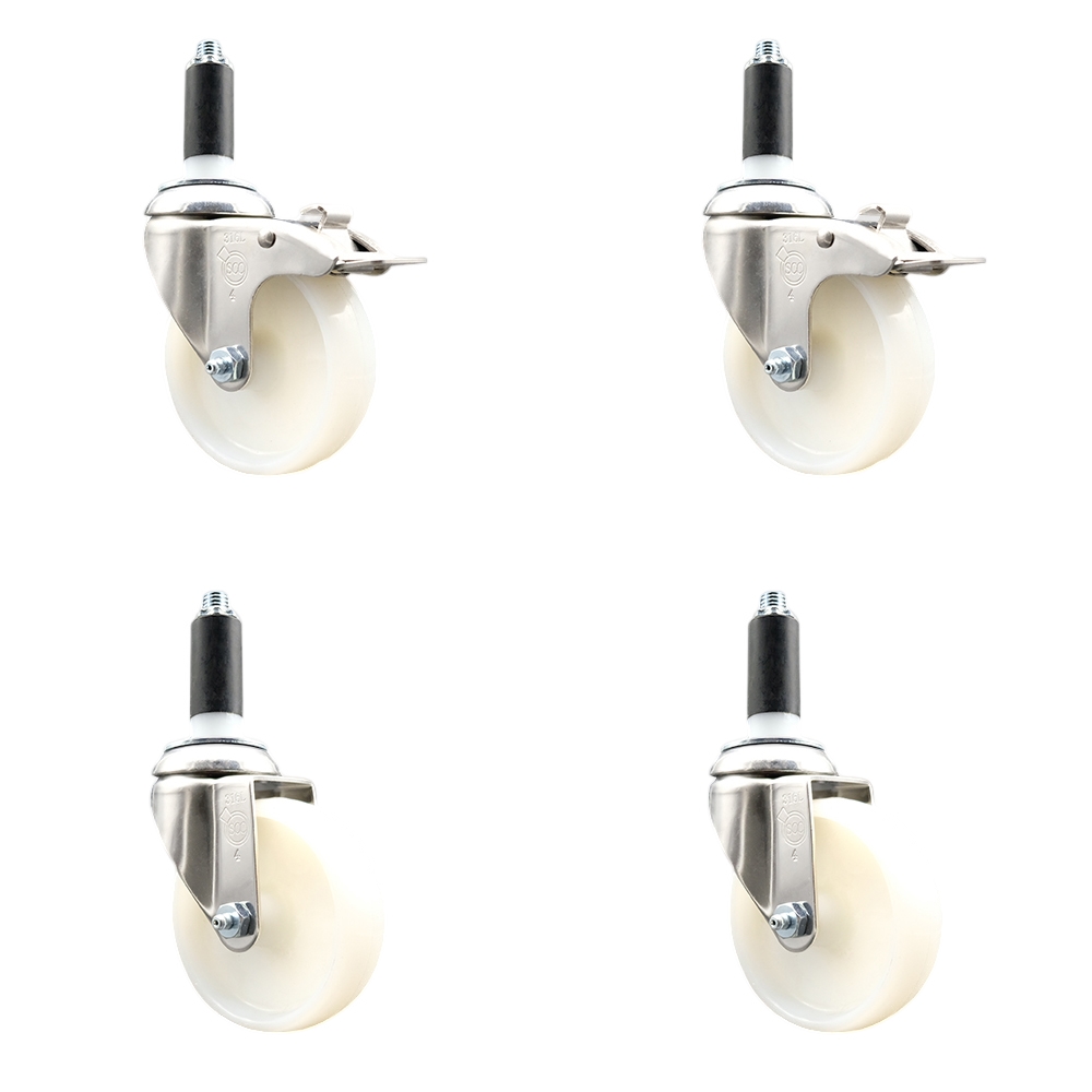 Nylon Swivel Stem Caster Set of 4 with 4 Inch Caster Wheels - 1-1/8" Expanding Stem - 316 Stainless Steel Casters - Includes 2 Swivel with Total Lock Brakes and 2 Swivel - Service Caster Brand — photo 1