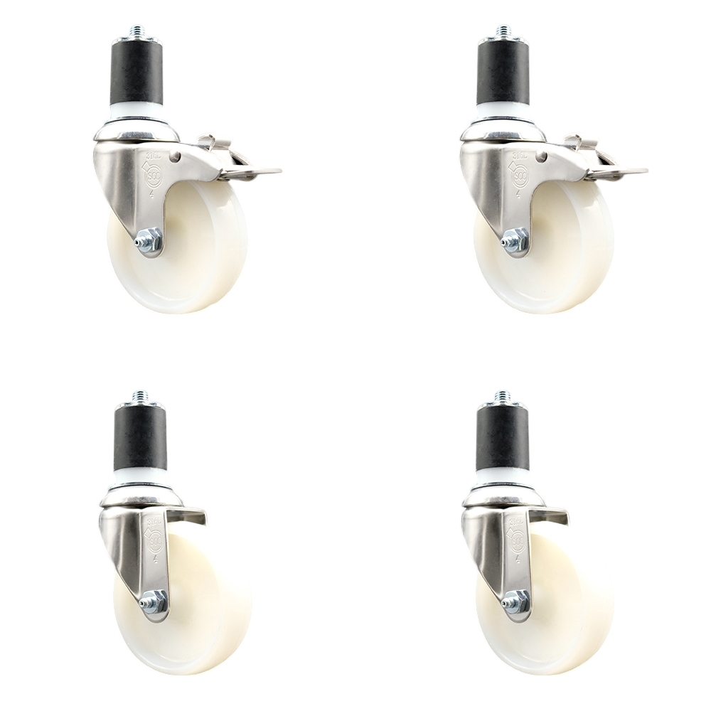 Nylon Swivel Stem Caster Set of 4 with 4 Inch Caster Wheels - 1-3/4" Expanding Stem - 316 Stainless Steel Casters - Includes 2 Swivel with Total Lock Brakes and 2 Swivel - Service Caster Brand — photo 1