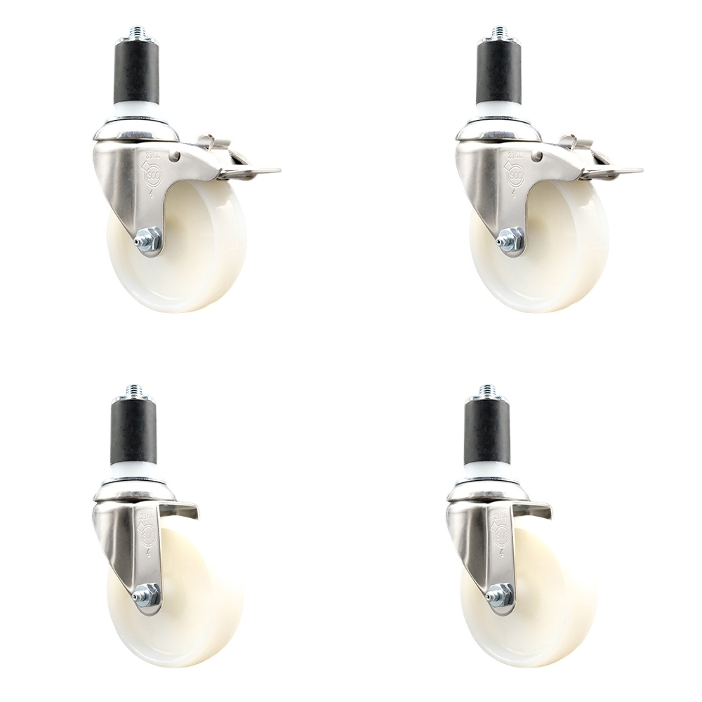 Nylon Swivel Stem Caster Set of 4 with 4 Inch Caster Wheels - 1-5/8" Expanding Stem - 316 Stainless Steel Casters - Includes 2 Swivel with Total Lock Brakes and 2 Swivel - Service Caster Brand — photo 1