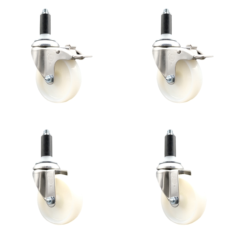 Nylon Swivel Stem Caster Set of 4 with 4 Inch Caster Wheels - 1" Expanding Stem - 316 Stainless Steel Casters - Includes 2 Swivel with Total Lock Brakes and 2 Swivel - Service Caster Brand — photo 1