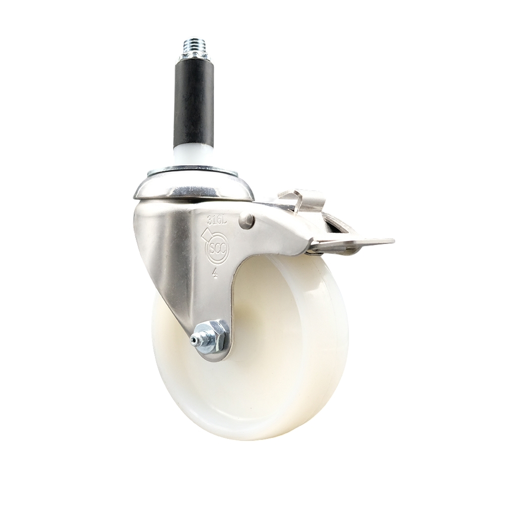 Nylon Swivel Stem Caster with 4 Inch White Caster Wheel and Total Lock Brake - 3/4" Expanding Stem - 316 Stainless Steel Caster - 300 lbs. Capacity Per Caster - Service Caster Brand — photo 1
