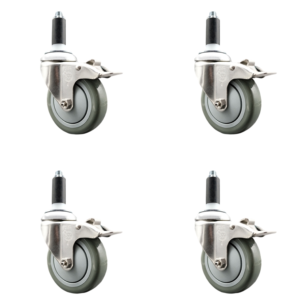 Polyurethane Swivel Stem Caster Set of 4 with 4 Inch Gray Caster Wheels - 1" Expanding Stems - 316 Stainless Steel Casters - Includes 4 Swivel Casters with Total Lock Brakes- Service Caster Brand — photo 1