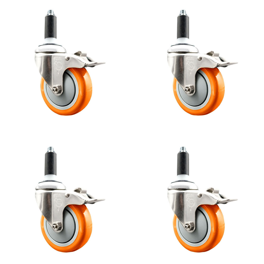 Polyurethane Swivel Stem Caster Set of 4 with 4 Inch Orange Caster Wheels - 1" Expanding Stems - 316 Stainless Steel Casters - Includes 4 Swivel Casters with Total Lock Brakes - Service Caster Brand — photo 1