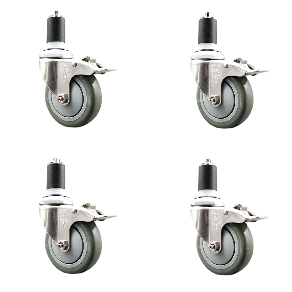 Polyurethane Swivel Stem Caster Set of 4 with 4 Inch Gray Caster Wheels - 1-1/2" Expanding Stems - 316 Stainless Steel Casters - Includes 4 Swivel Casters with Total Lock Brakes- Service Caster Brand — photo 1