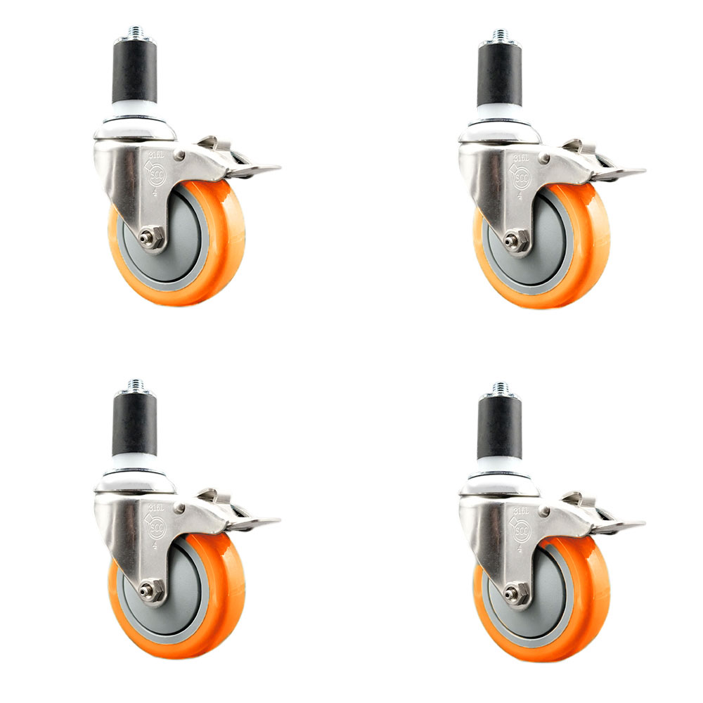 Polyurethane Swivel Stem Caster Set of 4 with 4 Inch Orange Caster Wheels - 1-1/2" Expanding Stems - 316 Stainless Steel Casters - Includes 4 Swivel Casters with Total Lock Brakes-Service Caster Brand — photo 1