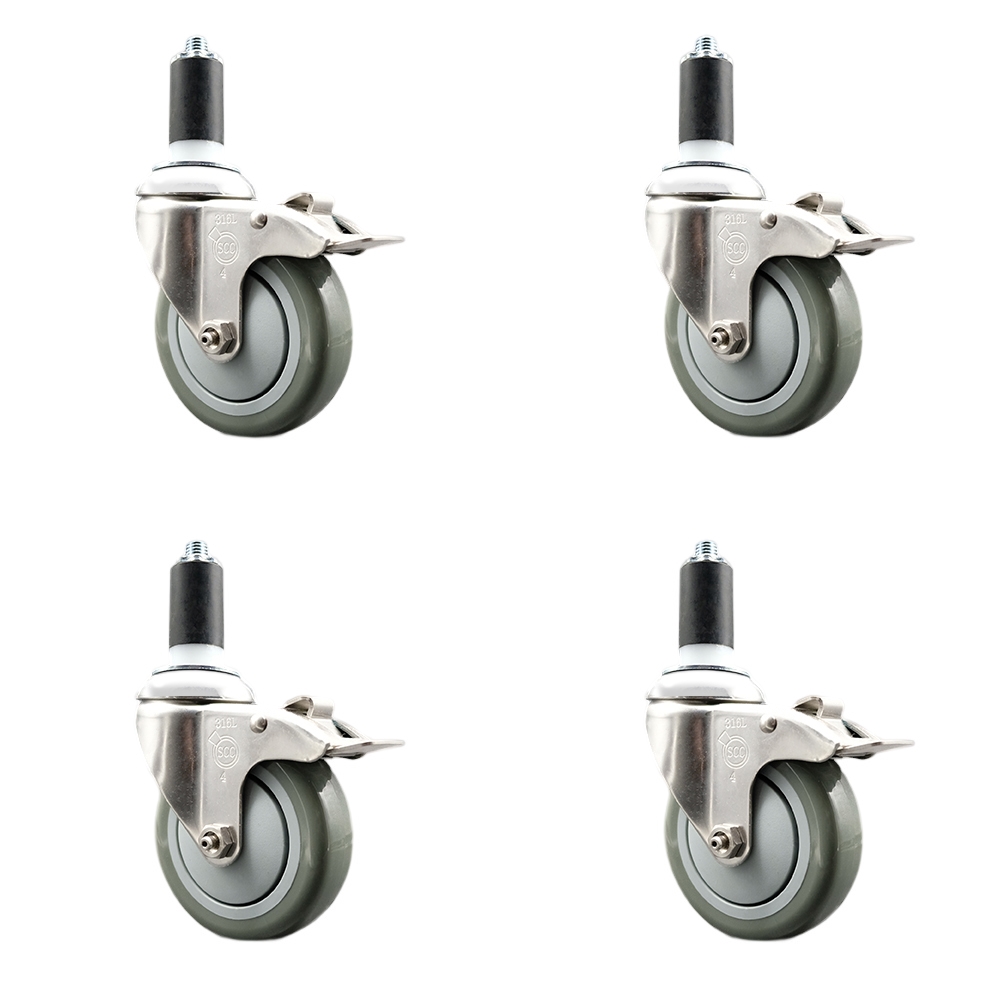 Polyurethane Swivel Stem Caster Set of 4 with 4 Inch Gray Caster Wheels - 1-1/4" Expanding Stems - 316 Stainless Steel Casters - Includes 4 Swivel Casters with Total Lock Brakes- Service Caster Brand — photo 1