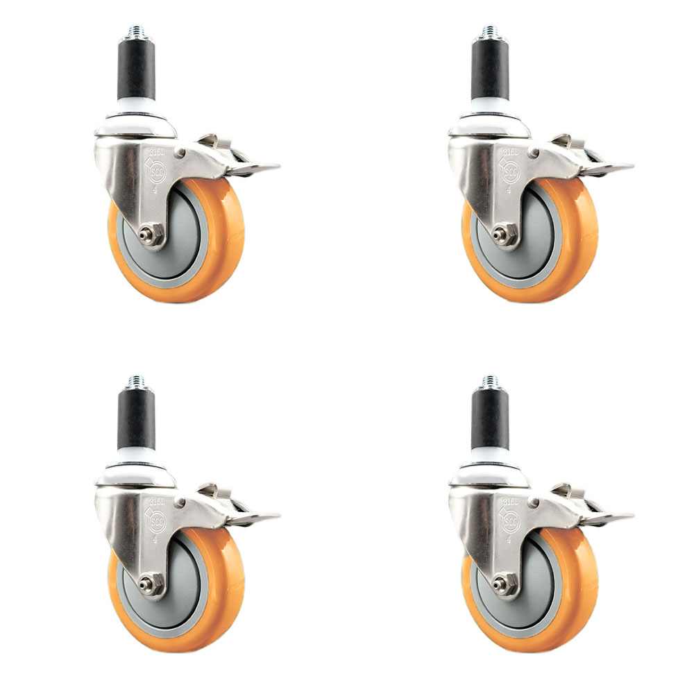 Polyurethane Swivel Stem Caster Set of 4 with 4 Inch Orange Caster Wheels - 1-1/4" Expanding Stems - 316 Stainless Steel Casters - Includes 4 Swivel Casters with Total Lock Brakes-Service Caster Brand — photo 1