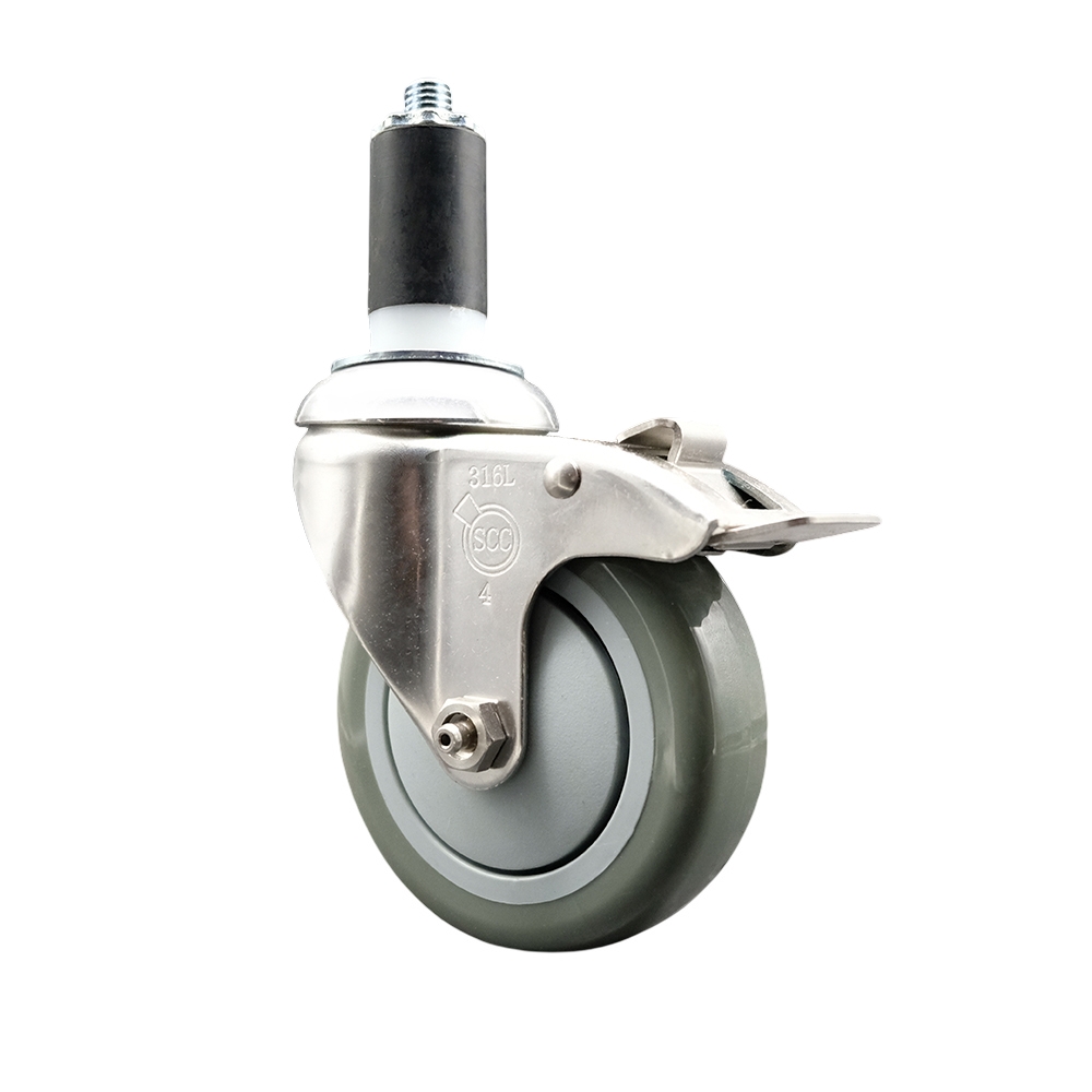 Polyurethane Swivel Stem Caster with 4 Inch Gray Caster Wheel and Total Lock Brake - 1-1/4" Expanding Stem - 316 Stainless Steel Caster - 350 lbs. Capacity Per Caster - Service Caster Brand — photo 1