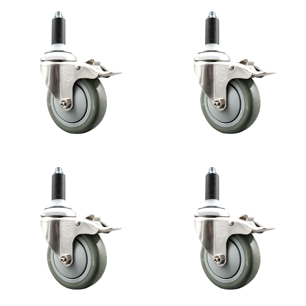 Polyurethane Swivel Stem Caster Set of 4 with 4 Inch Gray Caster Wheels - 1-1/8" Expanding Stems - 316 Stainless Steel Casters - Includes 4 Swivel Casters with Total Lock Brakes- Service Caster Brand — photo 1