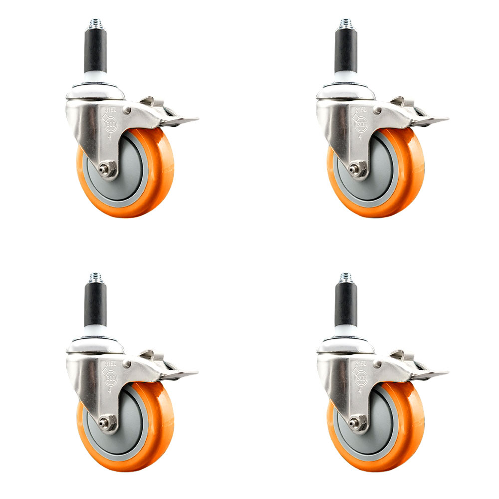 Polyurethane Swivel Stem Caster Set of 4 with 4 Inch Orange Caster Wheels - 1-1/8" Expanding Stems - 316 Stainless Steel Casters - Includes 4 Swivel Casters with Total Lock Brakes-Service Caster Brand — photo 1