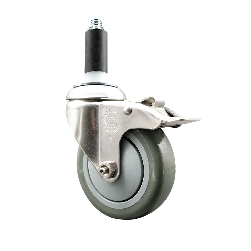 Polyurethane Swivel Stem Caster with 4 Inch Gray Caster Wheel and Total Lock Brake - 1-1/8" Expanding Stem - 316 Stainless Steel Caster - 350 lbs. Capacity Per Caster - Service Caster Brand — photo 1