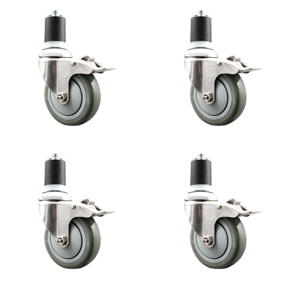 Polyurethane Swivel Stem Caster Set of 4 with 4 Inch Gray Caster Wheels - 1-3/4" Expanding Stems - 316 Stainless Steel Casters - Includes 4 Swivel Casters with Total Lock Brakes- Service Caster Brand — photo 1