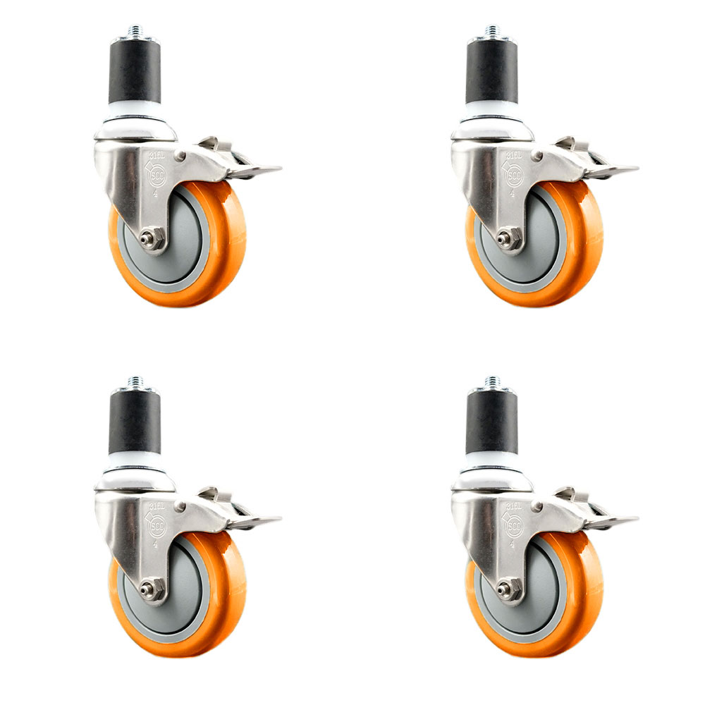 Polyurethane Swivel Stem Caster Set of 4 with 4 Inch Orange Caster Wheels - 1-3/4" Expanding Stems - 316 Stainless Steel Casters - Includes 4 Swivel Casters with Total Lock Brakes-Service Caster Brand — photo 1