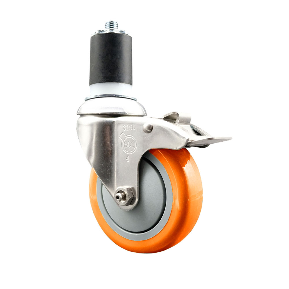 Polyurethane Swivel Stem Caster with 4 Inch Orange Caster Wheel and Total Lock Brake - 1-3/4" Expanding Stem - 316 Stainless Steel Caster - 350 lbs. Capacity Per Caster - Service Caster Brand — photo 1
