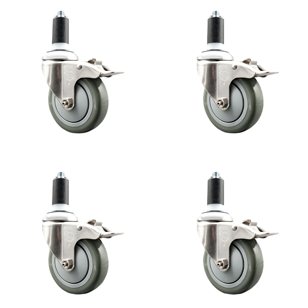 Polyurethane Swivel Stem Caster Set of 4 with 4 Inch Gray Caster Wheels - 1-3/8" Expanding Stems - 316 Stainless Steel Casters - Includes 4 Swivel Casters with Total Lock Brakes- Service Caster Brand — photo 1