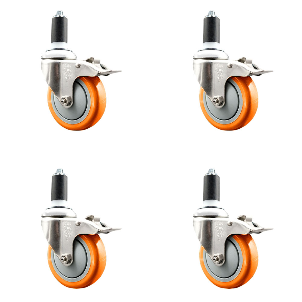 Polyurethane Swivel Stem Caster Set of 4 with 4 Inch Orange Caster Wheels - 1-3/8" Expanding Stems - 316 Stainless Steel Casters - Includes 4 Swivel Casters with Total Lock Brakes-Service Caster Brand — photo 1