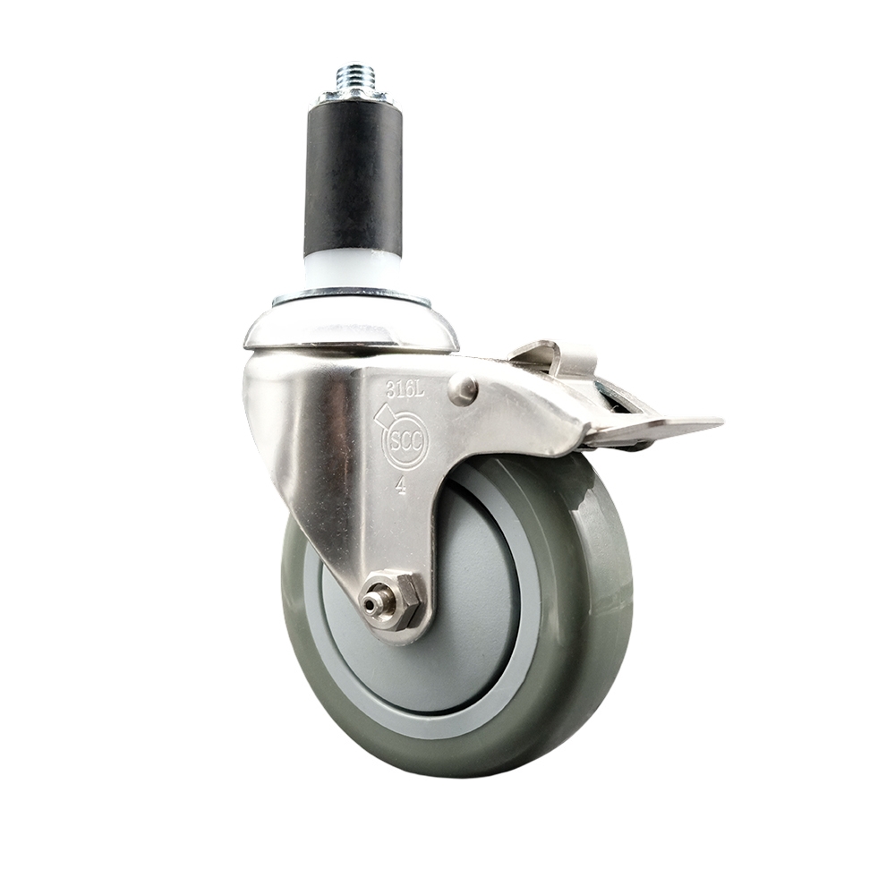 Polyurethane Swivel Stem Caster with 4 Inch Gray Caster Wheel and Total Lock Brake - 1-3/8" Expanding Stem - 316 Stainless Steel Caster - 350 lbs. Capacity Per Caster - Service Caster Brand — photo 1