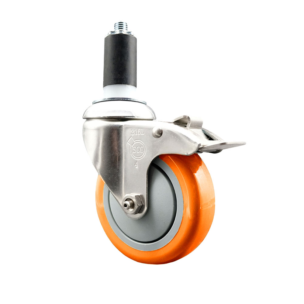 Polyurethane Swivel Stem Caster with 4 Inch Orange Caster Wheel and Total Lock Brake - 1-3/8" Expanding Stem - 316 Stainless Steel Caster - 350 lbs. Capacity Per Caster - Service Caster Brand — photo 1