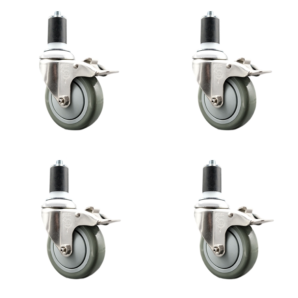 Polyurethane Swivel Stem Caster Set of 4 with 4 Inch Gray Caster Wheels - 1-5/8" Expanding Stems - 316 Stainless Steel Casters - Includes 4 Swivel Casters with Total Lock Brakes- Service Caster Brand — photo 1