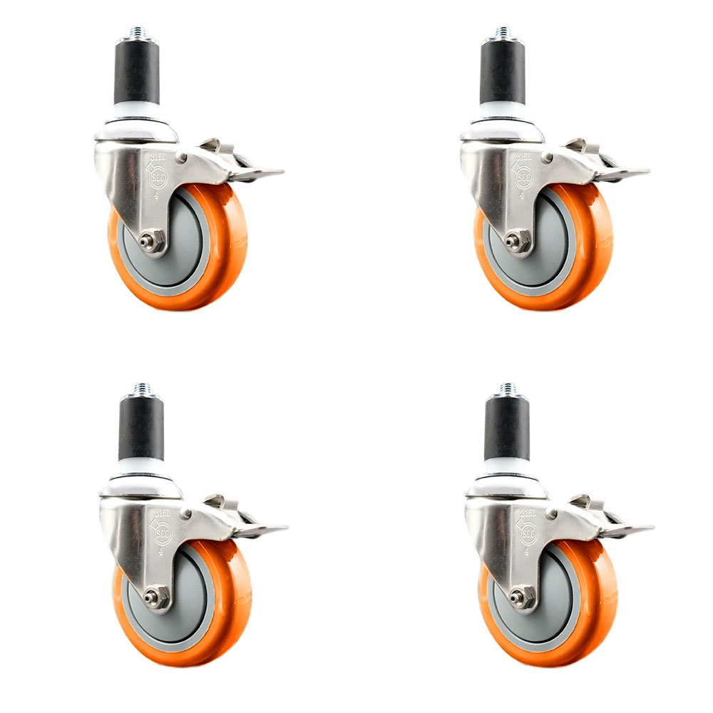 Polyurethane Swivel Stem Caster Set of 4 with 4 Inch Orange Caster Wheels - 1-5/8" Expanding Stems - 316 Stainless Steel Casters - Includes 4 Swivel Casters with Total Lock Brakes-Service Caster Brand — photo 1