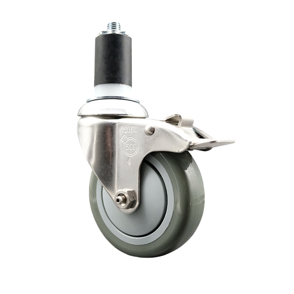 Polyurethane Swivel Stem Caster with 4 Inch Gray Caster Wheel and Total Lock Brake - 1-5/8" Expanding Stem - 316 Stainless Steel Caster - 350 lbs. Capacity Per Caster - Service Caster Brand — photo 1