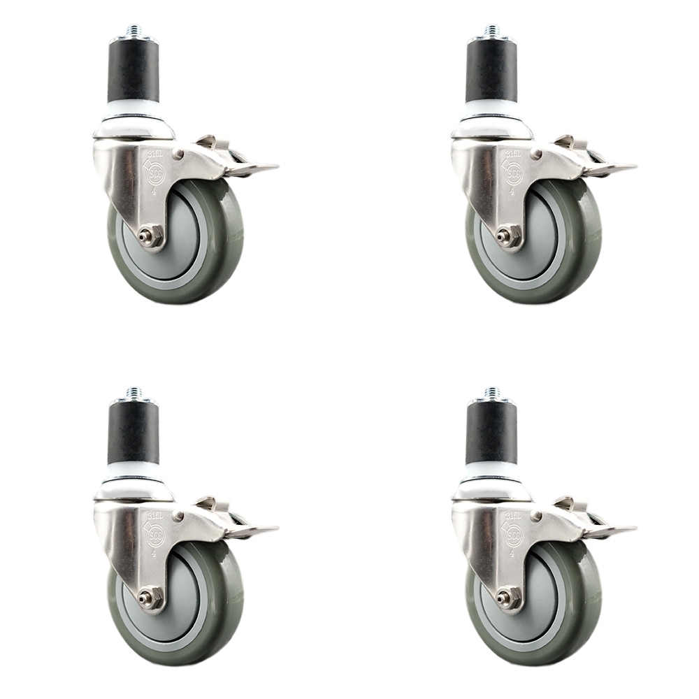 Polyurethane Swivel Stem Caster Set of 4 with 4 Inch Gray Caster Wheels - 1-7/8" Expanding Stems - 316 Stainless Steel Casters - Includes 4 Swivel Casters with Total Lock Brakes- Service Caster Brand — photo 1