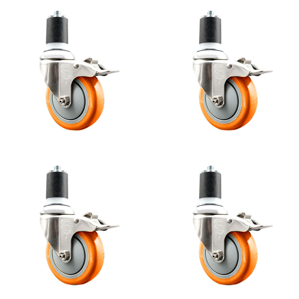 Polyurethane Swivel Stem Caster Set of 4 with 4 Inch Orange Caster Wheels - 1-7/8" Expanding Stems - 316 Stainless Steel Casters - Includes 4 Swivel Casters with Total Lock Brakes-Service Caster Brand — photo 1
