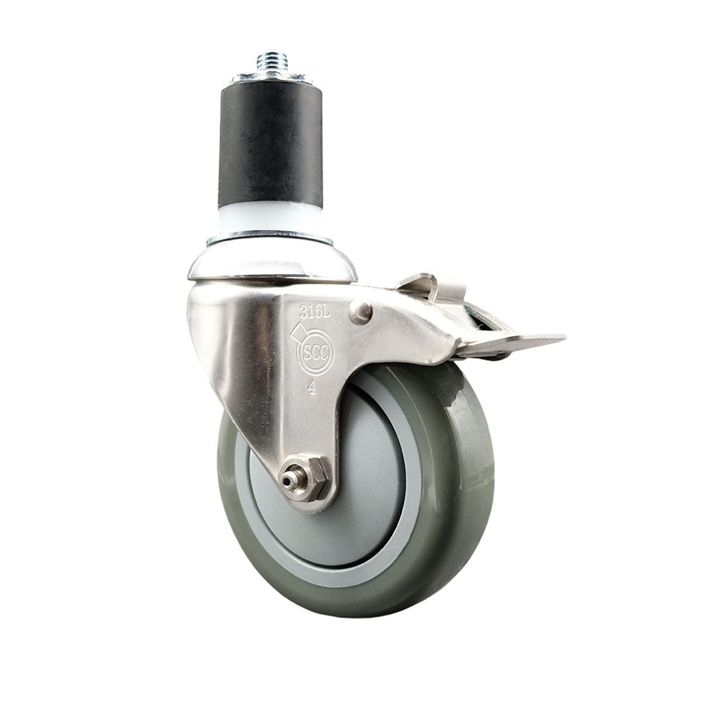 Polyurethane Swivel Stem Caster with 4 Inch Gray Caster Wheel and Total Lock Brake - 1-7/8" Expanding Stem - 316 Stainless Steel Caster - 350 lbs. Capacity Per Caster - Service Caster Brand — photo 1