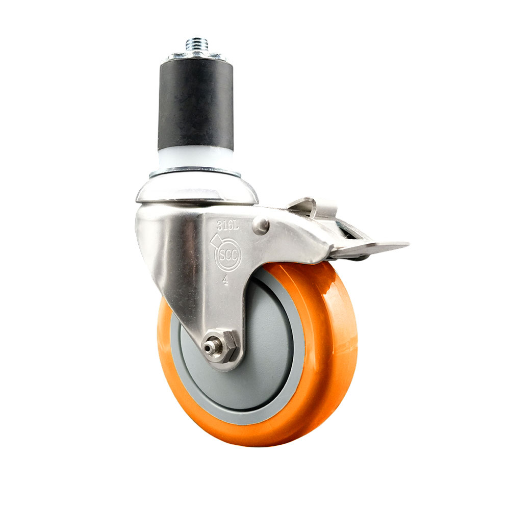 Polyurethane Swivel Stem Caster with 4 Inch Orange Caster Wheel and Total Lock Brake - 1-7/8" Expanding Stem - 316 Stainless Steel Caster - 350 lbs. Capacity Per Caster - Service Caster Brand — photo 1