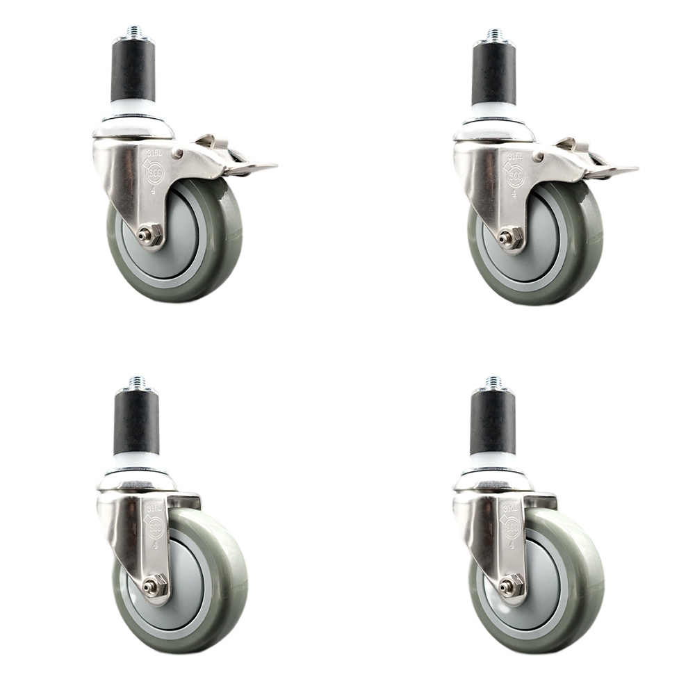 Polyurethane Swivel Stem Caster Set of 4 with 4 Inch Gray Caster Wheels - 1-1/2" Expanding Stem -316 Stainless Steel Casters-Includes 2 Swivel with Total Lock Brakes and 2 Swivel-Service Caster Brand — photo 1