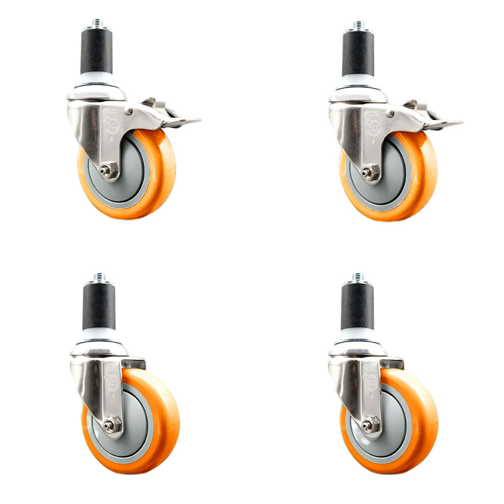 Polyurethane Swivel Stem Caster Set of 4 with 4 Inch Orange Caster Wheels - 1-1/2" Expanding Stem-316 Stainless Steel Casters-Includes 2 Swivel with Total Lock Brakes and 2 Swivel-Service Caster Brand — photo 1
