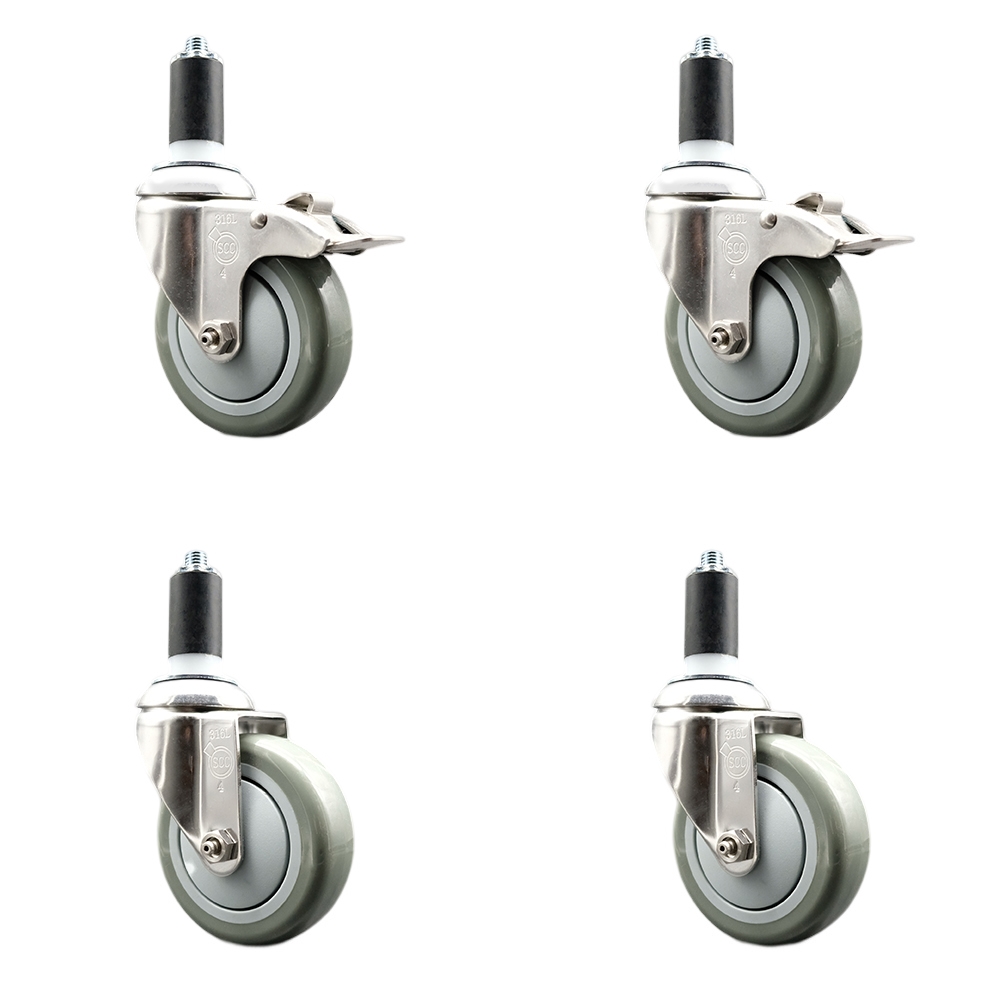Polyurethane Swivel Stem Caster Set of 4 with 4 Inch Gray Caster Wheels - 1-1/4" Expanding Stem -316 Stainless Steel Casters-Includes 2 Swivel with Total Lock Brakes and 2 Swivel-Service Caster Brand — photo 1