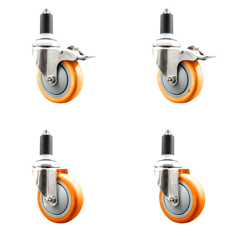 Polyurethane Swivel Stem Caster Set of 4 with 4 Inch Orange Caster Wheels - 1-1/4" Expanding Stem-316 Stainless Steel Casters-Includes 2 Swivel with Total Lock Brakes and 2 Swivel-Service Caster Brand — photo 1