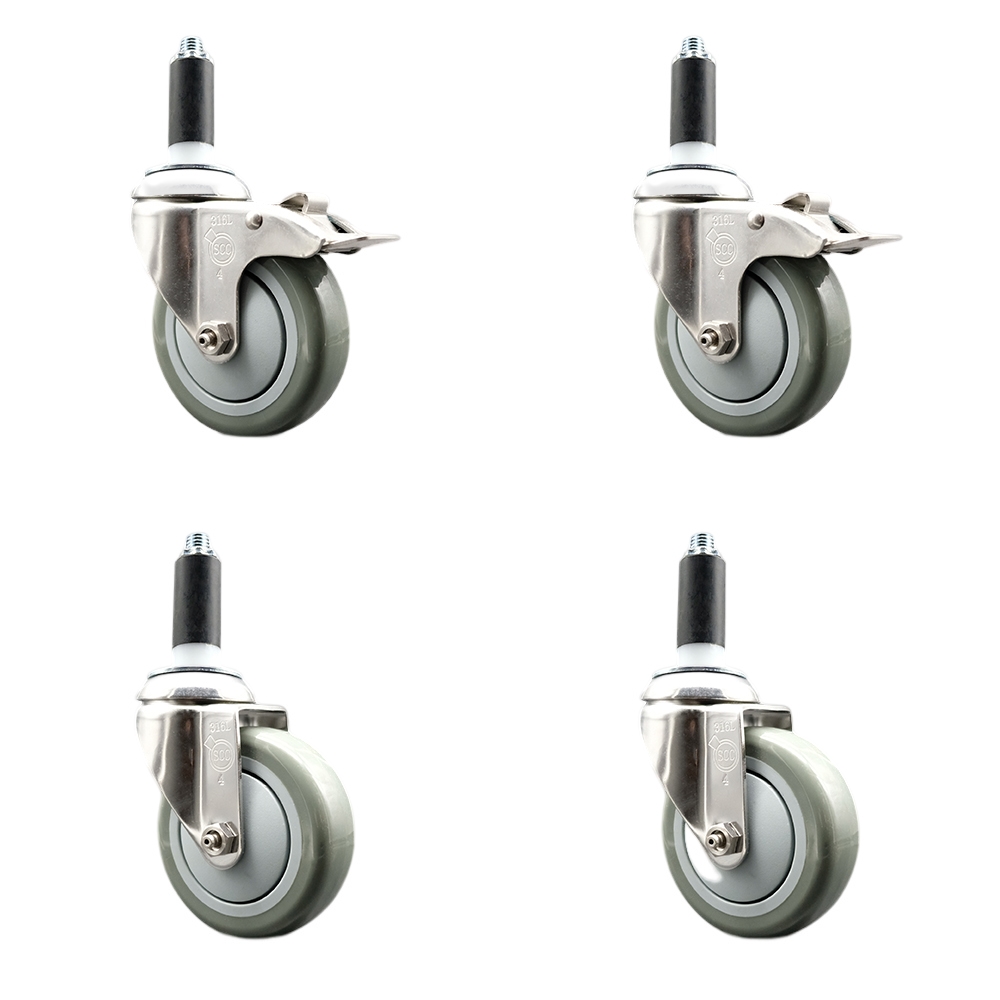Polyurethane Swivel Stem Caster Set of 4 with 4 Inch Gray Caster Wheels - 1-1/8" Expanding Stem -316 Stainless Steel Casters-Includes 2 Swivel with Total Lock Brakes and 2 Swivel-Service Caster Brand — photo 1
