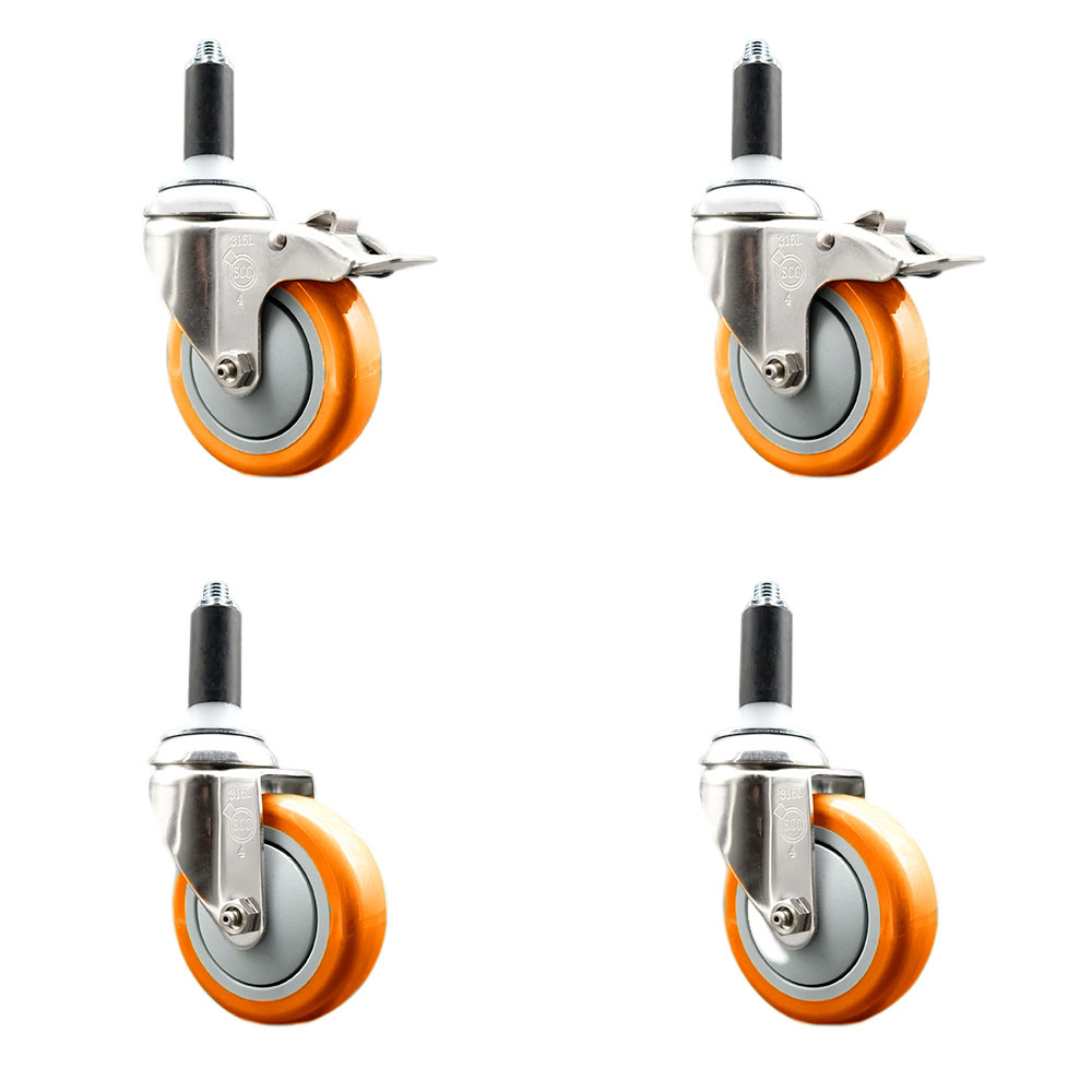 Polyurethane Swivel Stem Caster Set of 4 with 4 Inch Orange Caster Wheels - 1-1/8" Expanding Stem-316 Stainless Steel Casters-Includes 2 Swivel with Total Lock Brakes and 2 Swivel-Service Caster Brand — photo 1