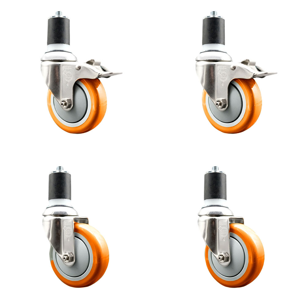 Polyurethane Swivel Stem Caster Set of 4 with 4 Inch Orange Caster Wheels - 1-3/4" Expanding Stem-316 Stainless Steel Casters-Includes 2 Swivel with Total Lock Brakes and 2 Swivel-Service Caster Brand — photo 1