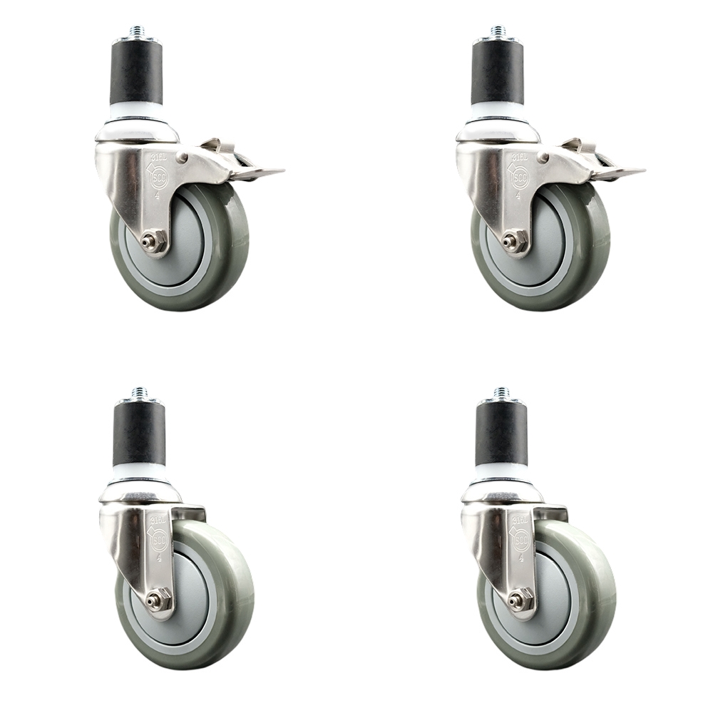 Polyurethane Swivel Stem Caster Set of 4 with 4 Inch Gray Caster Wheels - 1-3/4" Expanding Stem -316 Stainless Steel Casters-Includes 2 Swivel with Total Lock Brakes and 2 Swivel-Service Caster Brand — photo 1