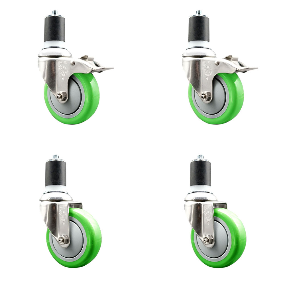 Polyurethane Swivel Stem Caster Set of 4 with 4 Inch Green Caster Wheels - 1-3/4" Expanding Stem -316 Stainless Steel Casters-Includes 2 Swivel with Total Lock Brakes and 2 Swivel-Service Caster Brand — photo 1