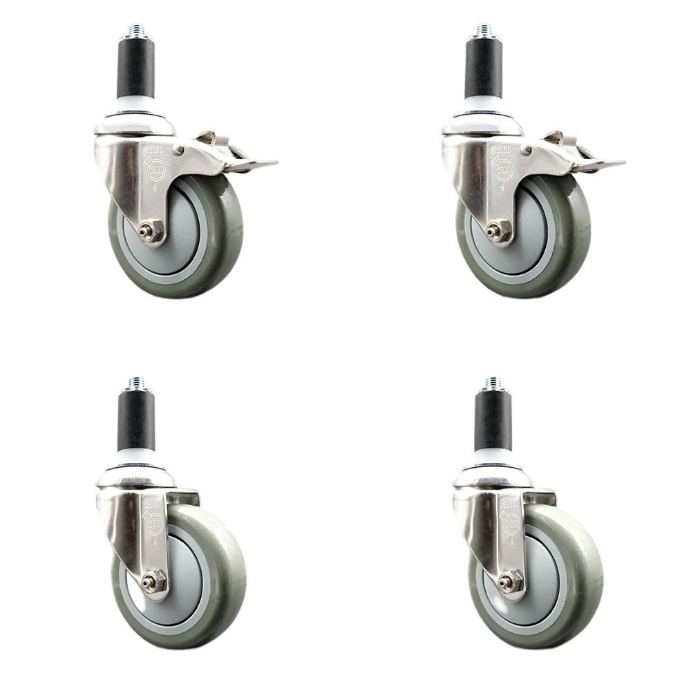 Polyurethane Swivel Stem Caster Set of 4 with 4 Inch Gray Caster Wheels - 1-3/8" Expanding Stem -316 Stainless Steel Casters-Includes 2 Swivel with Total Lock Brakes and 2 Swivel-Service Caster Brand — photo 1