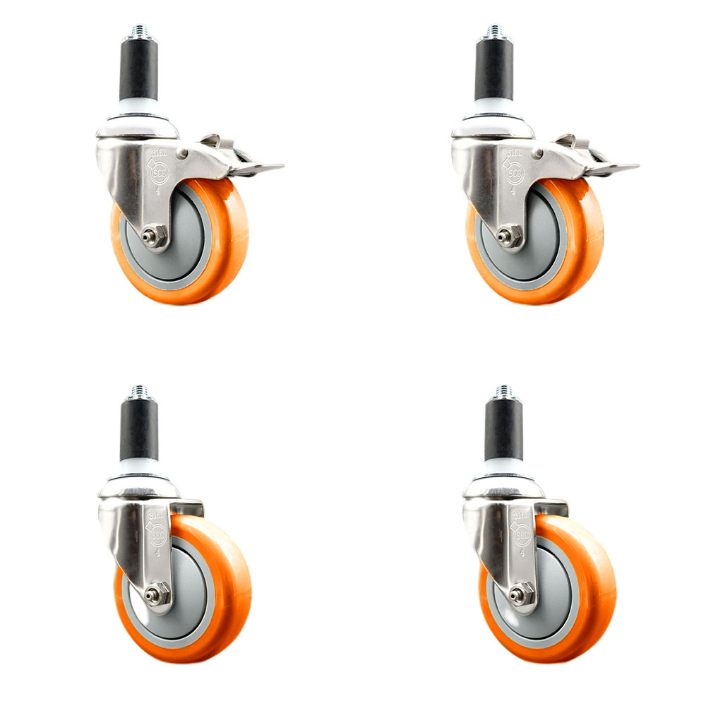 Polyurethane Swivel Stem Caster Set of 4 with 4 Inch Orange Caster Wheels - 1-3/8" Expanding Stem-316 Stainless Steel Casters-Includes 2 Swivel with Total Lock Brakes and 2 Swivel-Service Caster Brand — photo 1